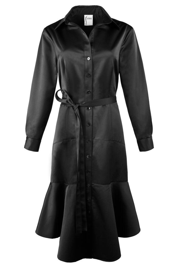 Front view of Leonardo, a black Finley dress with a front tie in micro satin