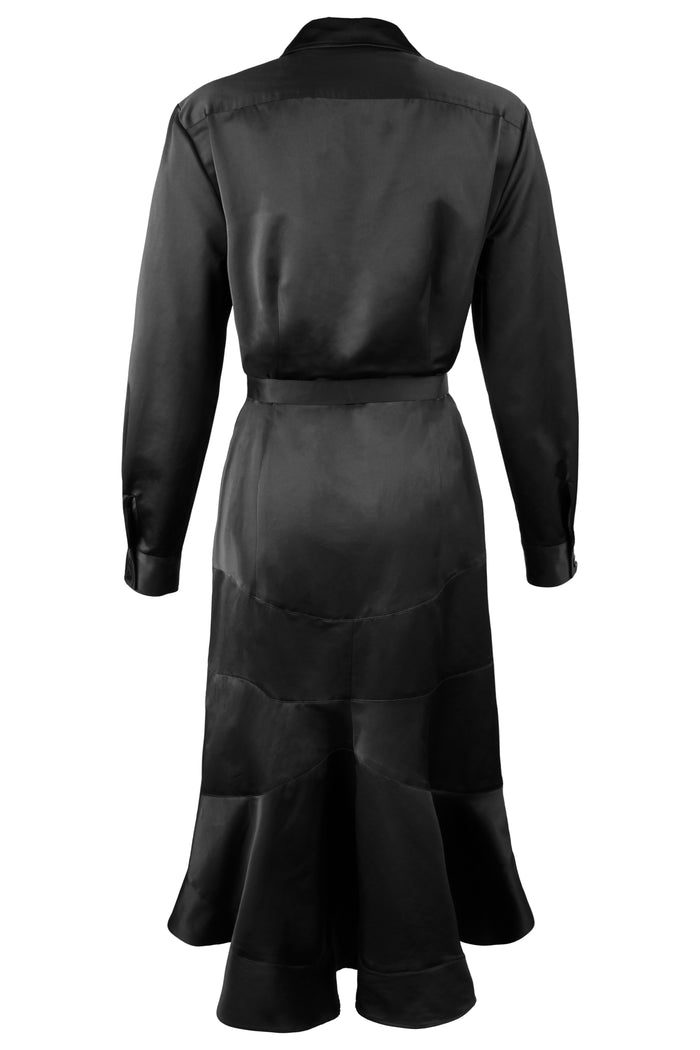 Rear view of Leonardo, a black Finley dress with a front tie in micro satin