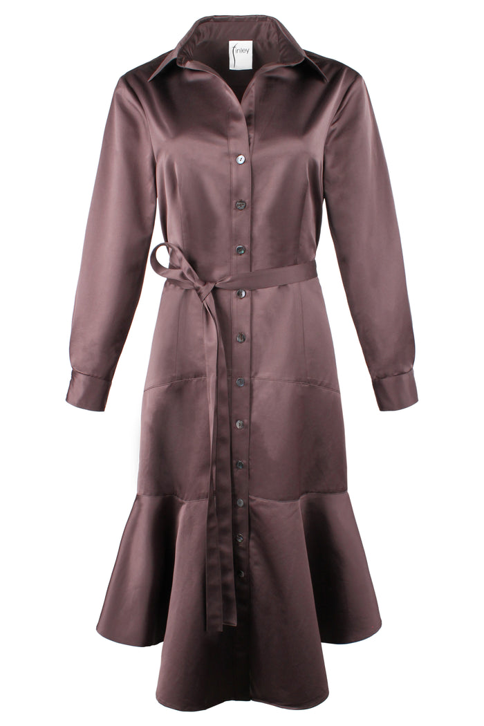 Front view of Leonardo, a brown Finley dress with a tie front in micro satin chocolate