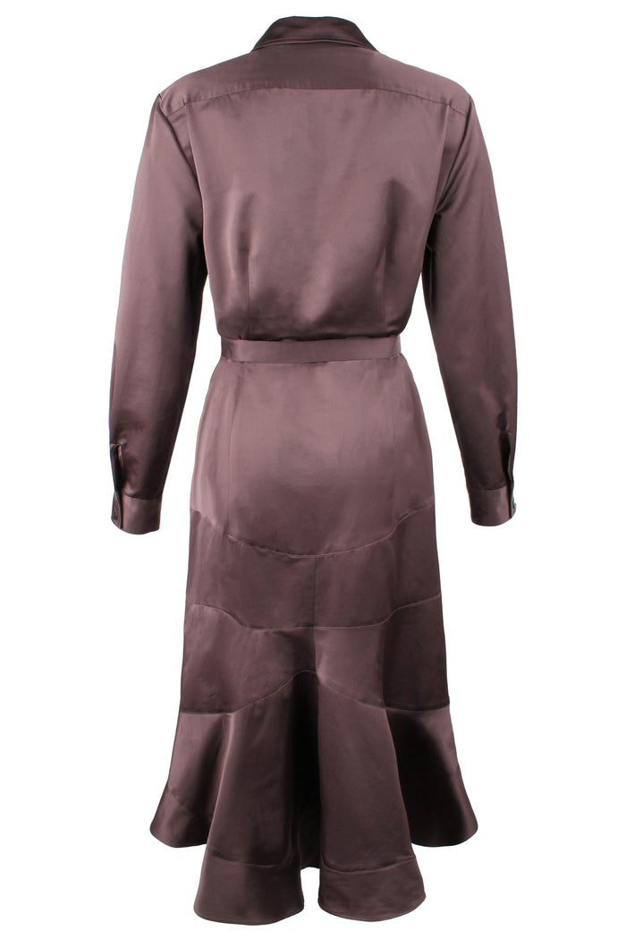 Rear view of Leonardo, a brown Finley dress with a tie front in micro satin chocolate
