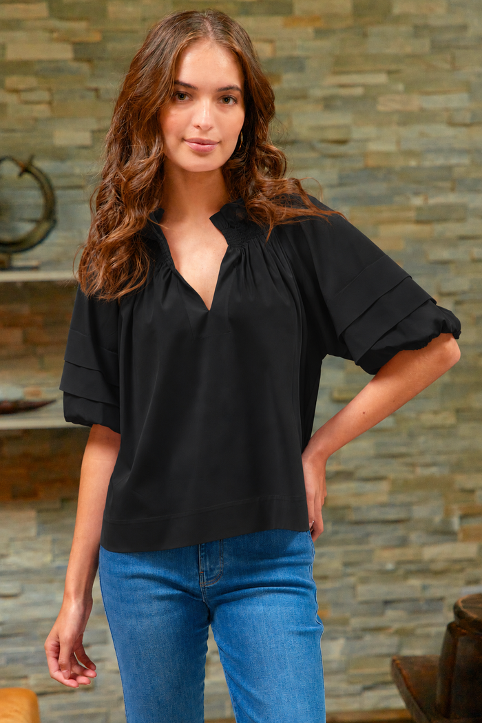 Lexie Short Sleeve Popover Blouse, Black Silky Poplin