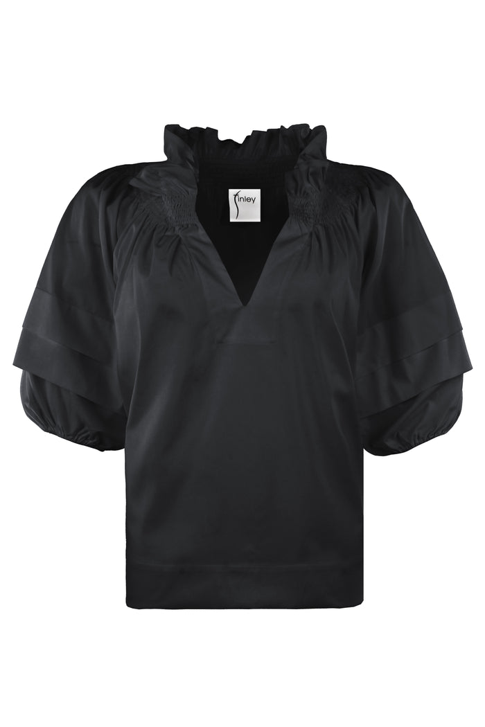 Lexie Short Sleeve Popover Blouse, Black Silky Poplin