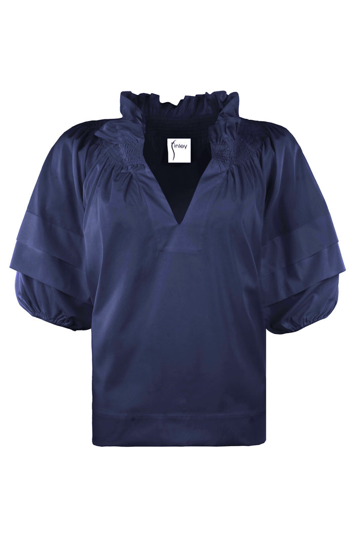 Navy blue blouse with ruffled sleeves on a white background