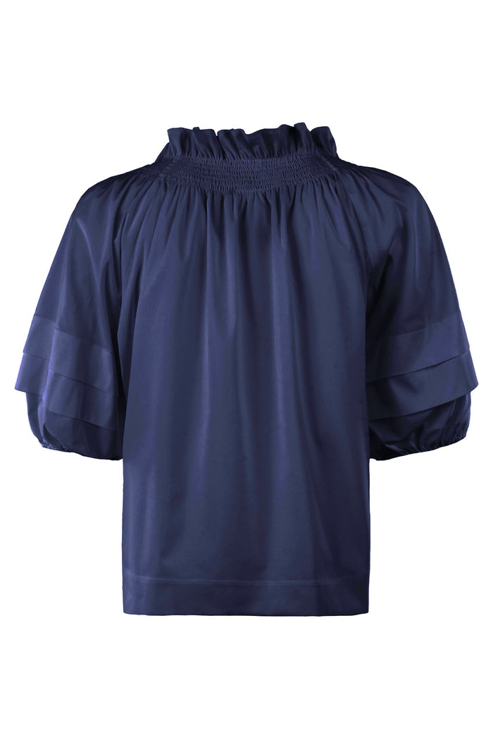 Navy blue blouse with puff sleeves on a white background