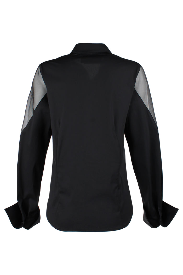 Lindy Tie Front Blouse, Black Poplin & Silk Organza