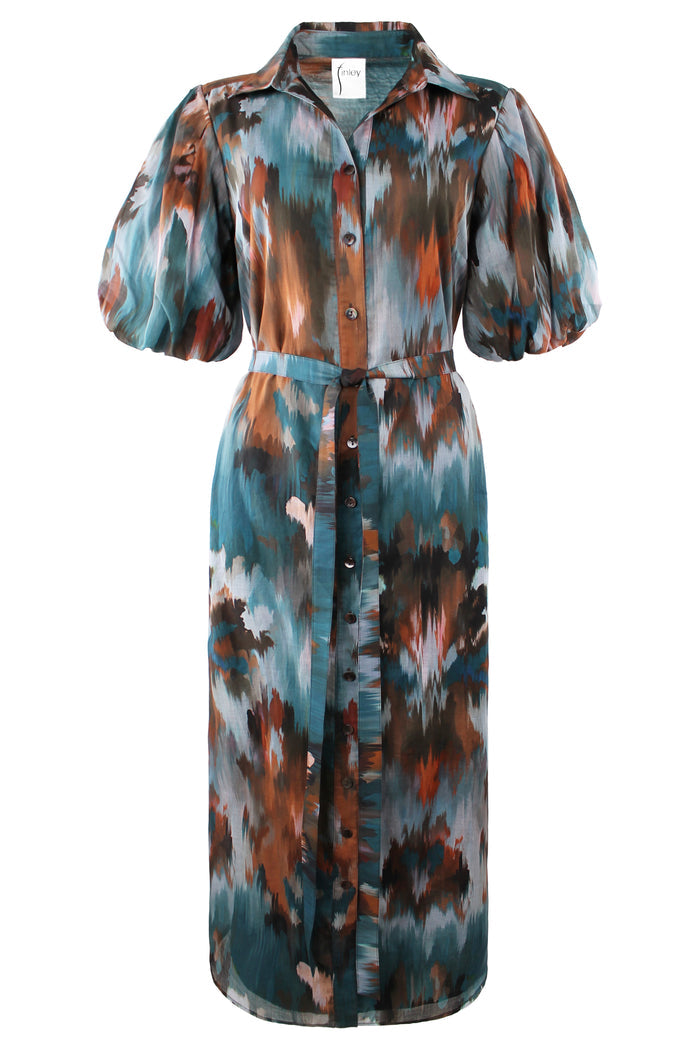 Front view of the Finley Madeline dress, a green floral cotton voile maxi shirt dress with puff sleeves and an autumn pattern.