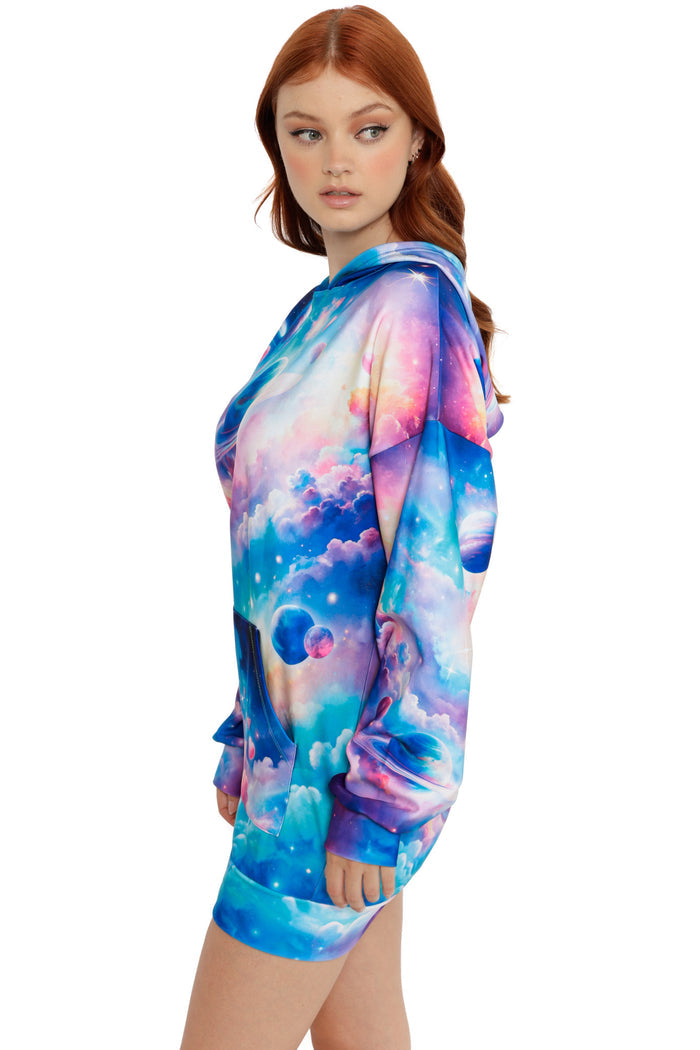 Galaxy print hoodie dress in blue, pink and purple shades with celestial artwork and front pocket