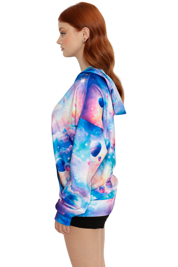 Colourful space hoodie dress with pastel galaxy print, floating planets and soft nebula clouds