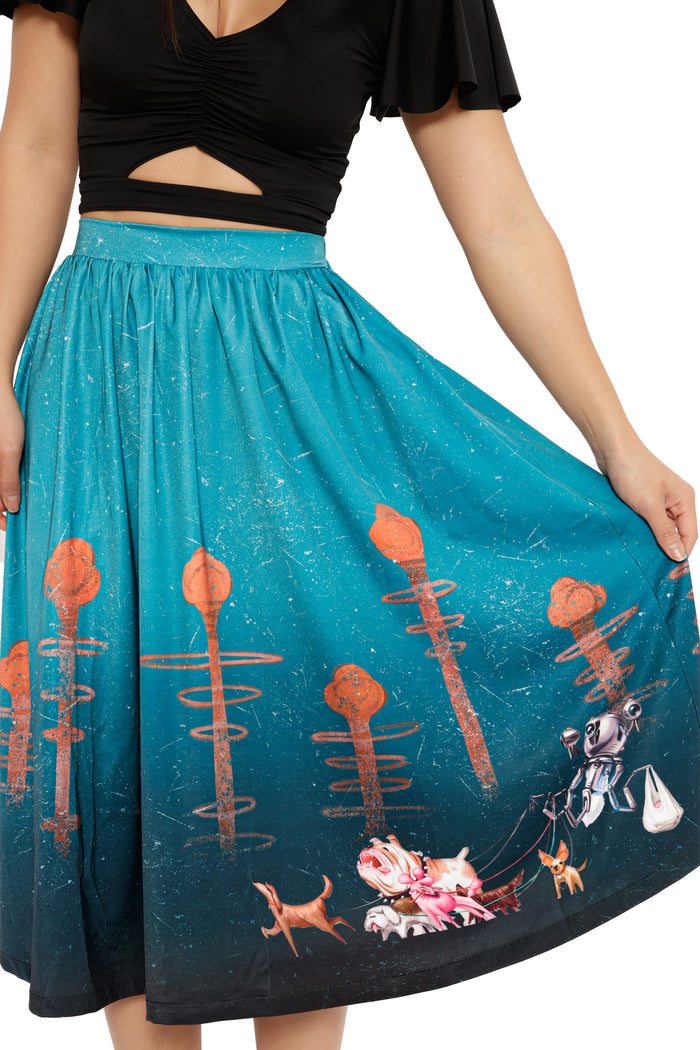 Fallout x BlackMilk midi skirt with pockets and vibrant teal print showcasing Fallout’s Dogmeat and Mr Handy artwork.