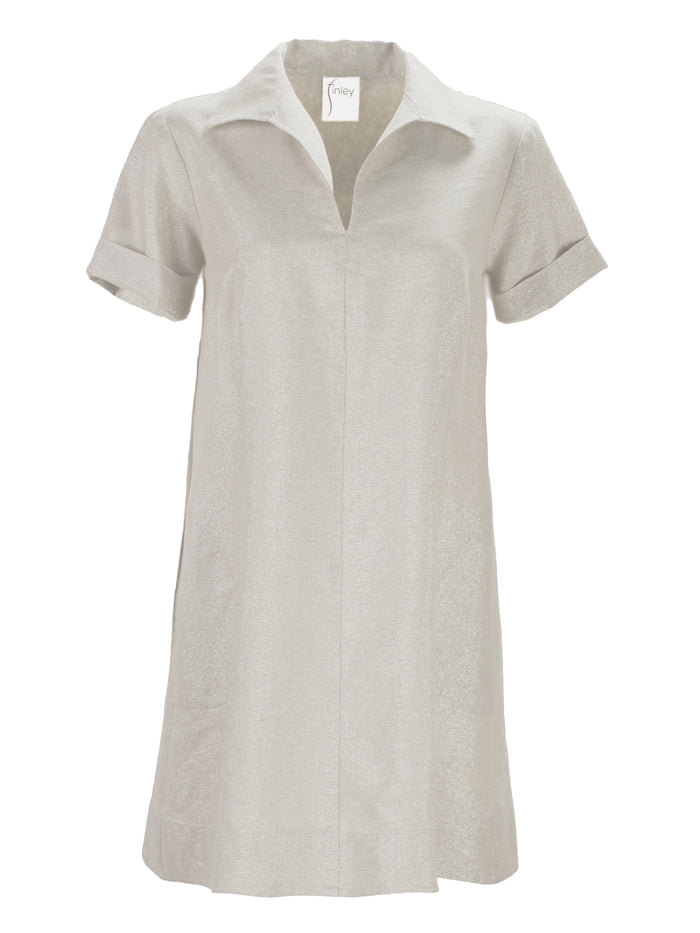 A front view of Finley Marcia dress, a blush pink washed linen short-sleeve v-neck shirt dress.