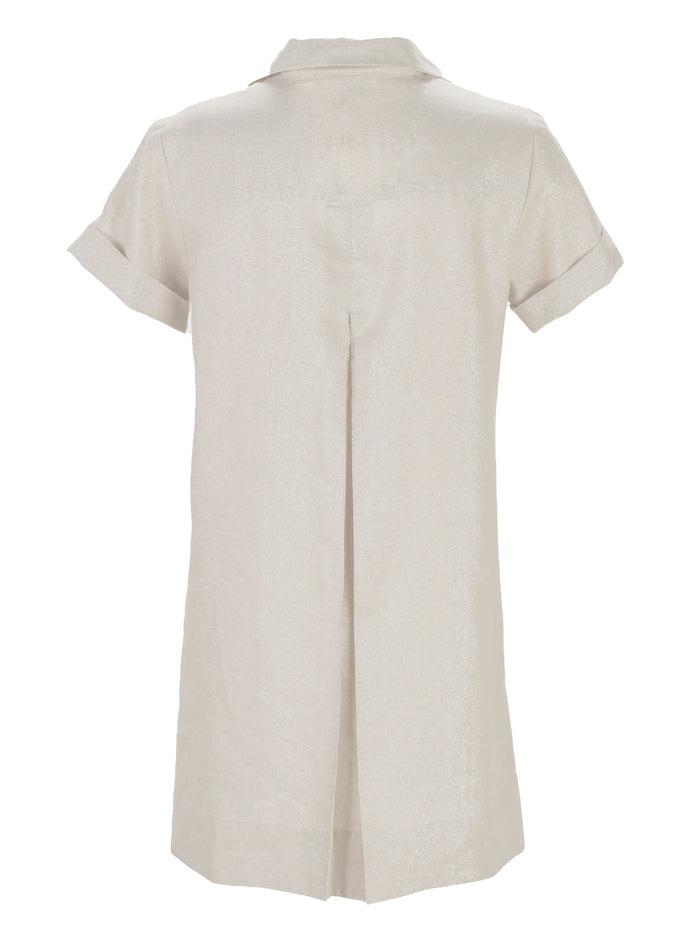 A rear view of Finley Marcia dress, a blush pink washed linen short-sleeve v-neck shirt dress.