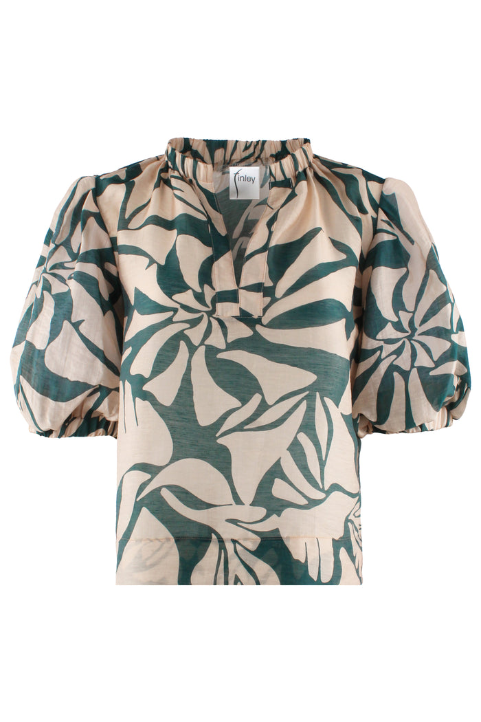Floral patterned blouse with puff sleeves on a white background