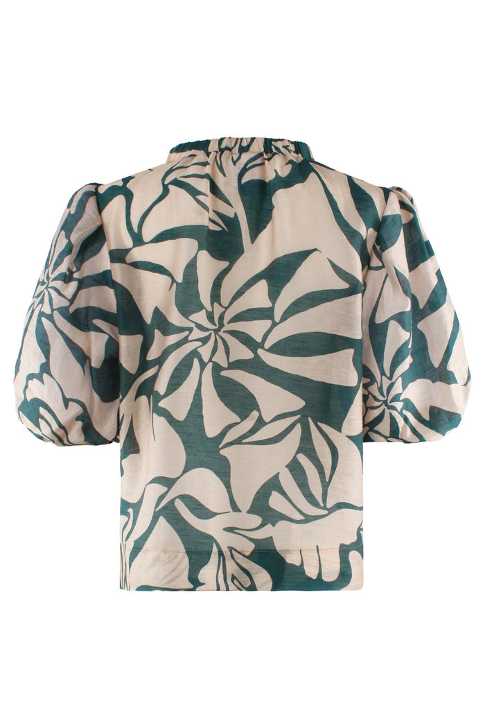 Floral patterned blouse with puff sleeves on a white background