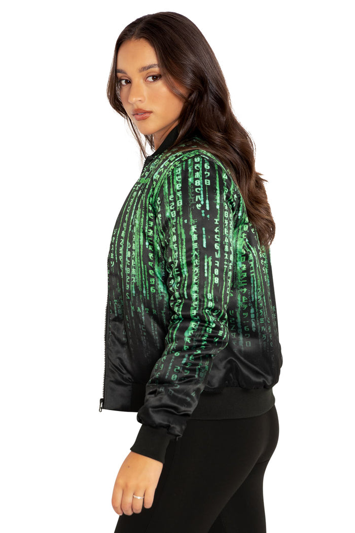 BlackMilk Clothing x Warner Brothers Matrix - Matrix Code Shiny Bomber Jacket - Warner Bros. Merchandise - Collaboration apparel - Licenced.