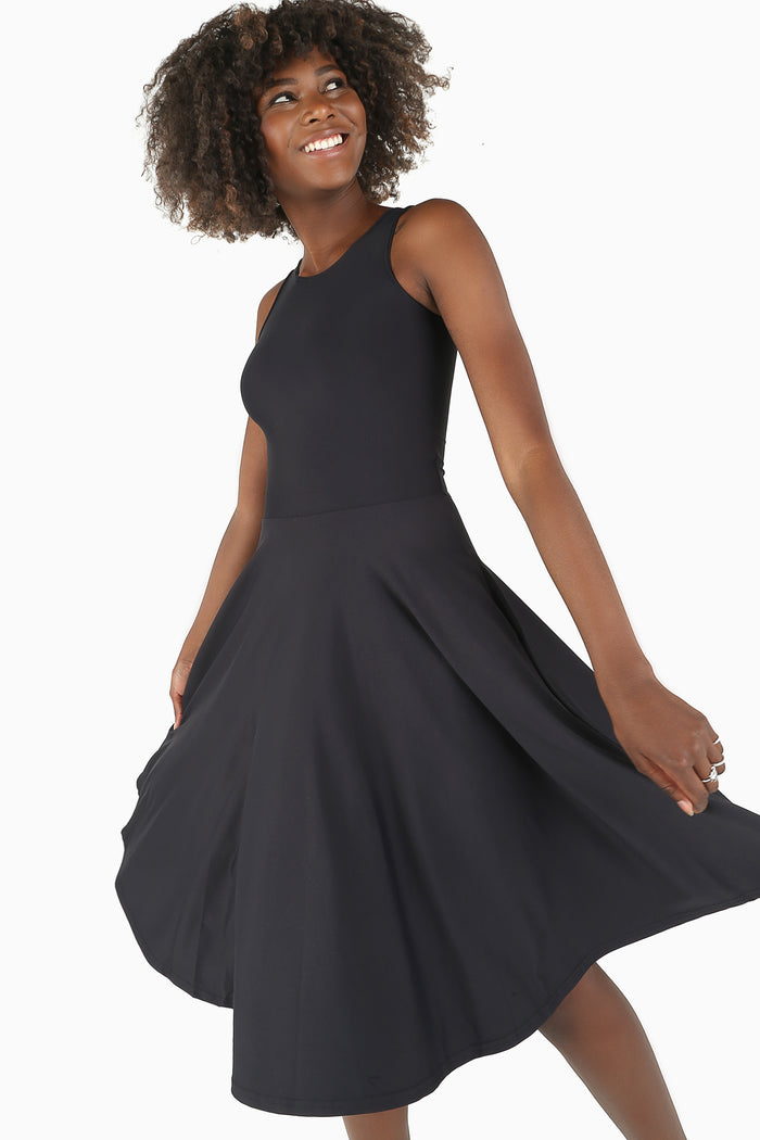 Matte Black Princess Midi Dress featuring a flattering princess seam silhouette and timeless black design, perfect for workwear, special occasions, date nights and everyday elegance.
