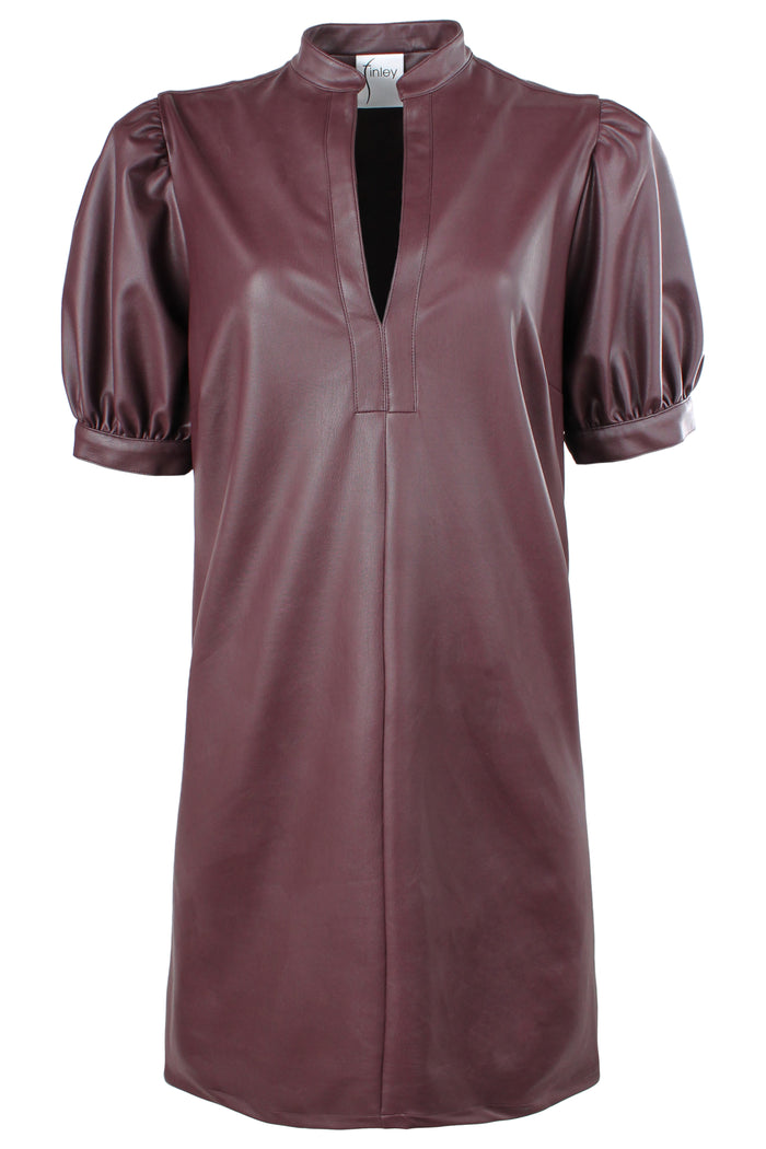 Mauve leather dress with puff sleeves on a white background