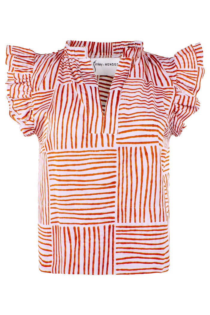 Orange and white striped blouse with ruffled sleeves on a white background