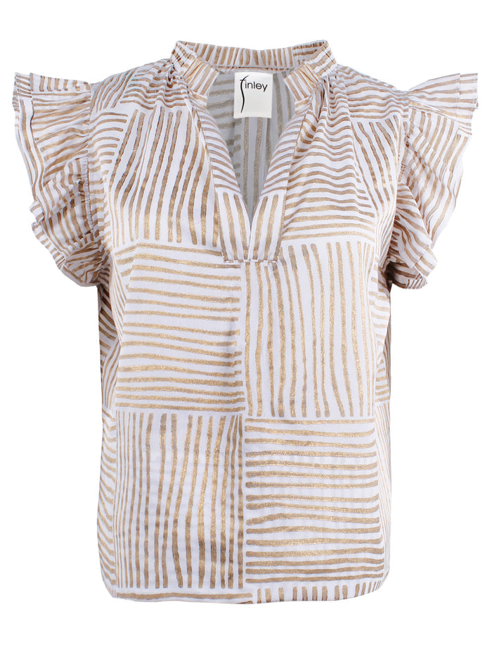 Striped blouse with ruffled sleeves on a white background