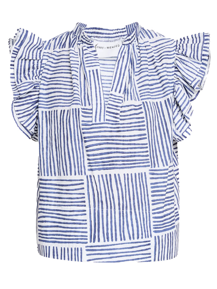 Blue and white striped blouse with ruffled sleeves on a white background