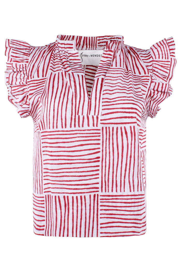 Red and white striped blouse with ruffled sleeves on a white background