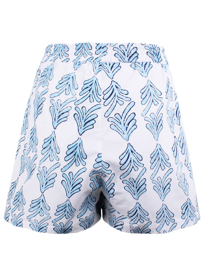 Back view of Finley Seaside Short in blue hand block printed cotton. Elasticized waistband, 3" inseam.