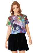 Close-up of Lora Zombie kitty artwork among brushstrokes on pink baby tee - BlackMilk wearable art detail