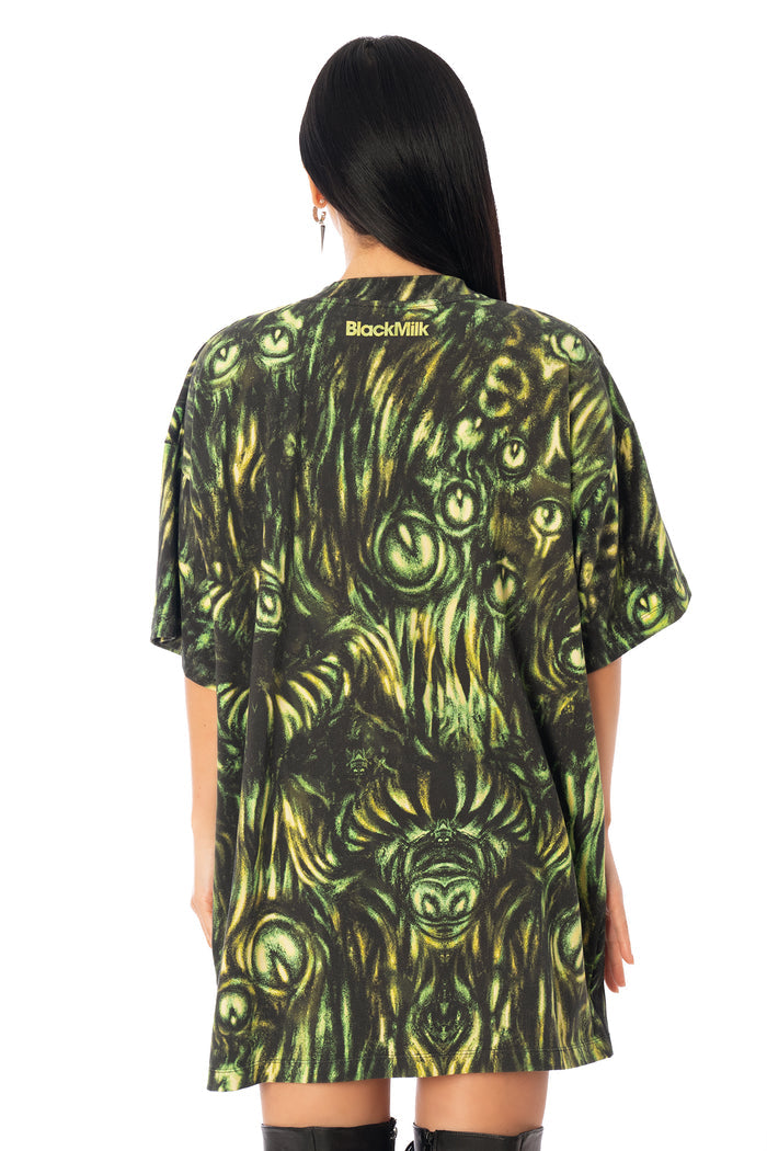 BlackMilk Mesmereyes Cotton Giant Tee – green hypnotic eyeball print oversized unisex cotton Halloween tee, part of the BlackMilk Clothing Halloween collection