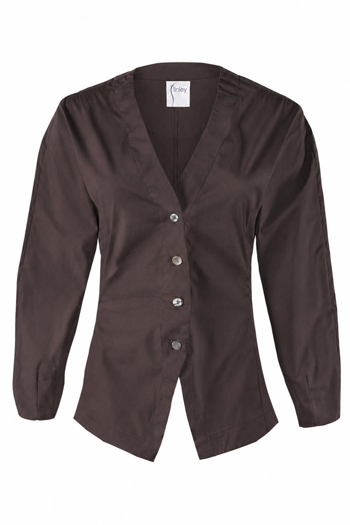 A dark brown long-sleeve button-front shirt with a V-neck, shown flat against a plain white background.