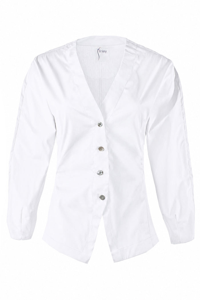 A white long-sleeve button-front shirt with a V-neckline, displayed flat against a plain white background.
