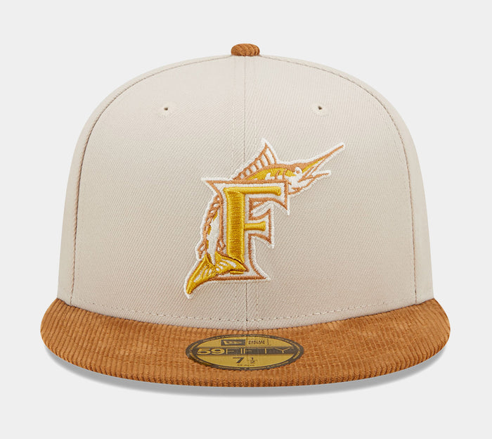 Miami Marlins Corduroy Visor 59FIFTY Mens Fitted Hat (White/Brown)