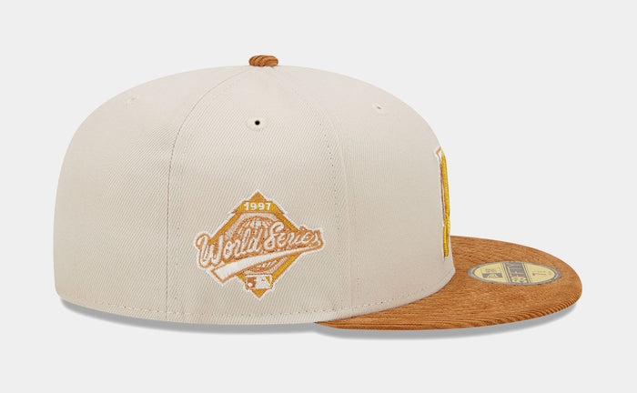 Miami Marlins Corduroy Visor 59FIFTY Mens Fitted Hat (White/Brown)