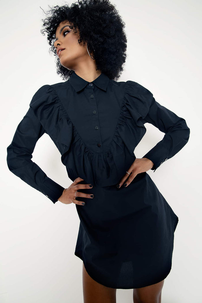 Midnight Frill Long Sleeve Shirt Dress