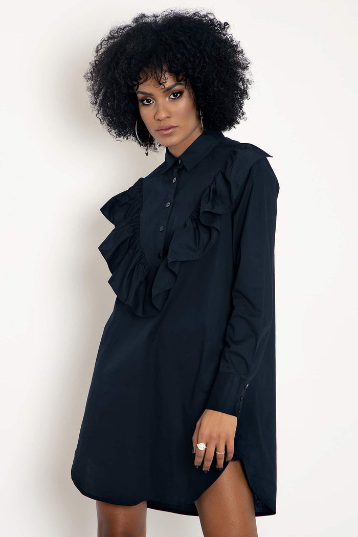 Midnight Frill Long Sleeve Shirt Dress