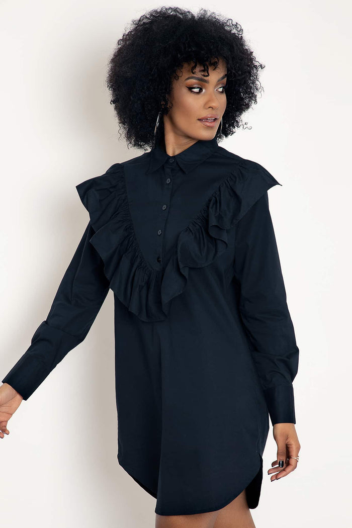 Midnight Frill Long Sleeve Shirt Dress