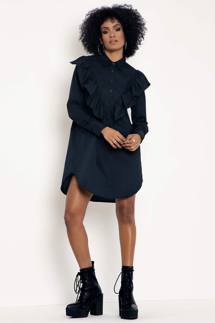 Midnight Frill Long Sleeve Shirt Dress