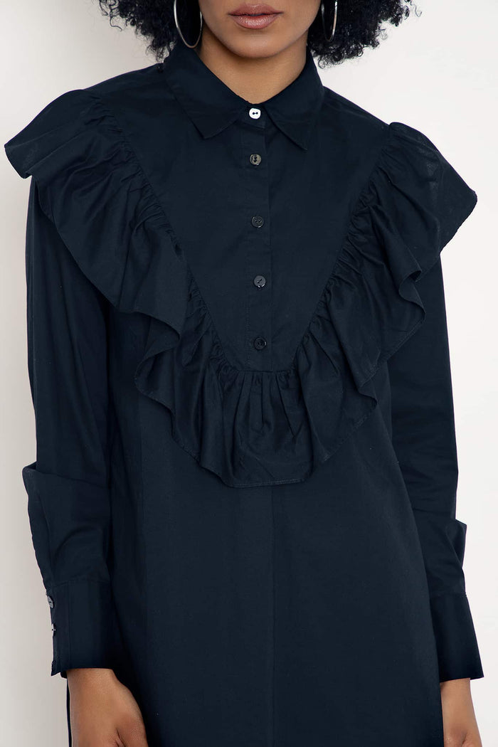 Midnight Frill Long Sleeve Shirt Dress