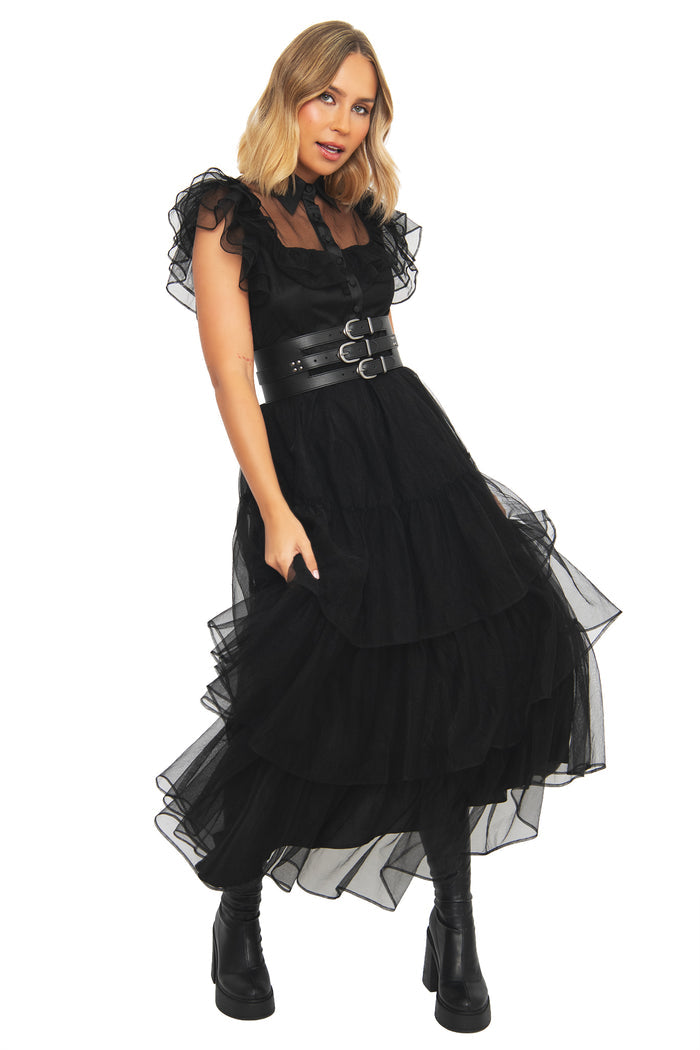 Midnight Mourning Tiered Tulle Maxi Dress