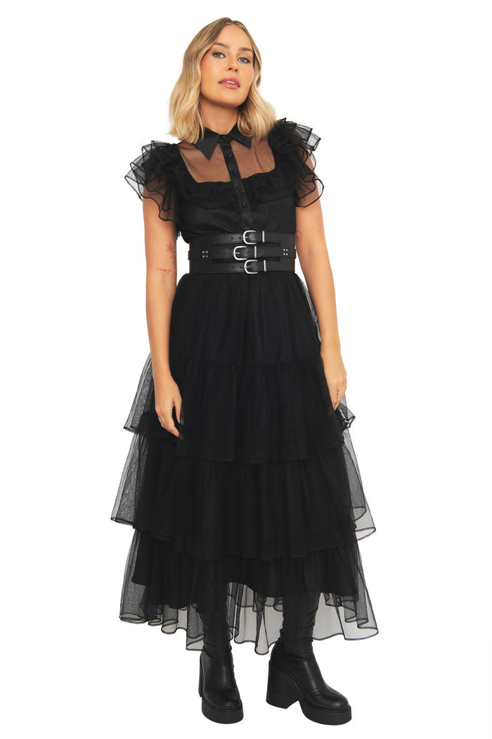 Midnight Mourning Tiered Tulle Maxi Dress