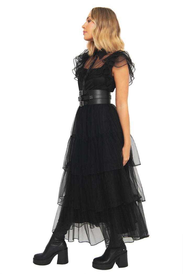 Midnight Mourning Tiered Tulle Maxi Dress