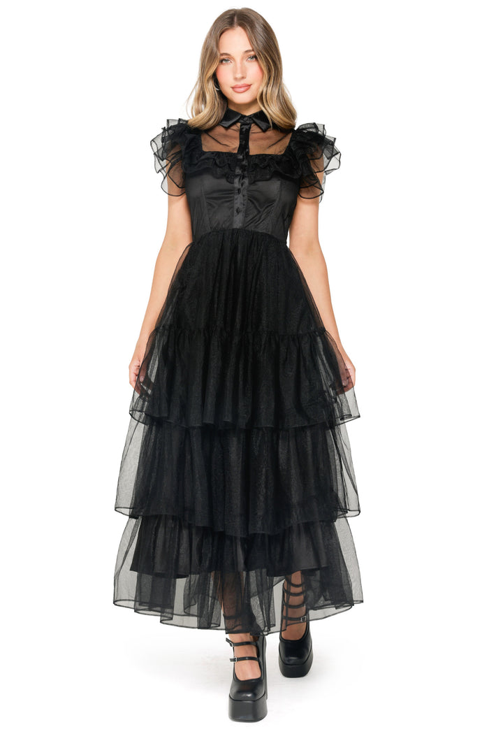 Midnight Mourning Tiered Tulle Maxi Dress