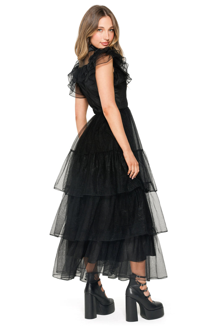 Midnight Mourning Tiered Tulle Maxi Dress