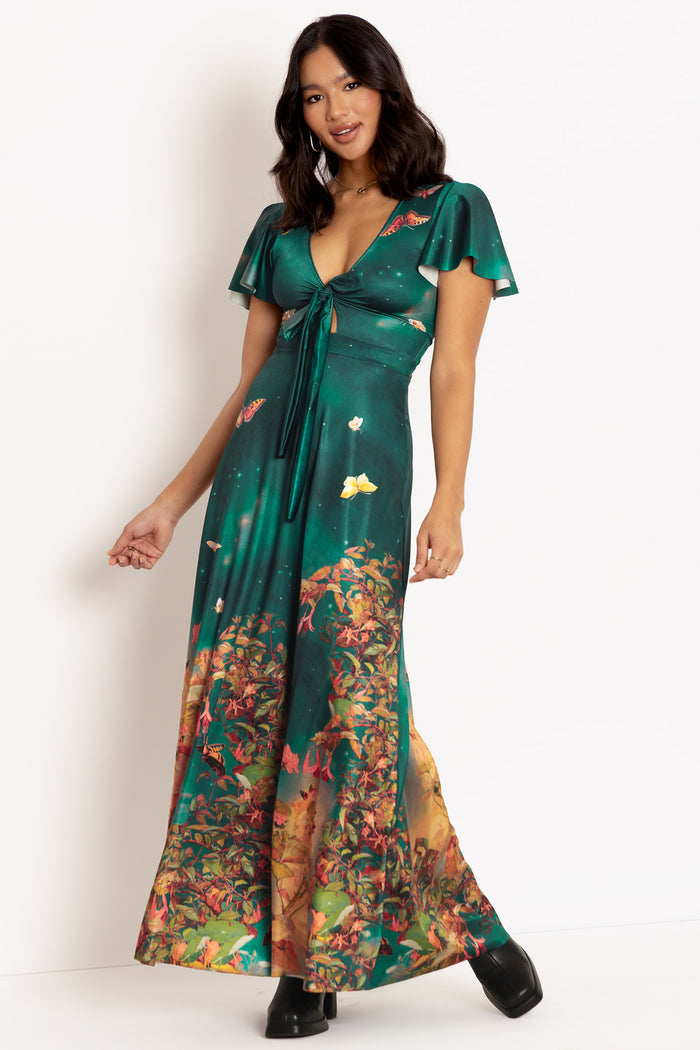 Midsummer Night's Fairies Rio Maxi Dress featuring enchanting fairy artwork, a flattering Rio silhouette and flowing maxi length, perfect for special occasions, garden parties and everyday whimsy.