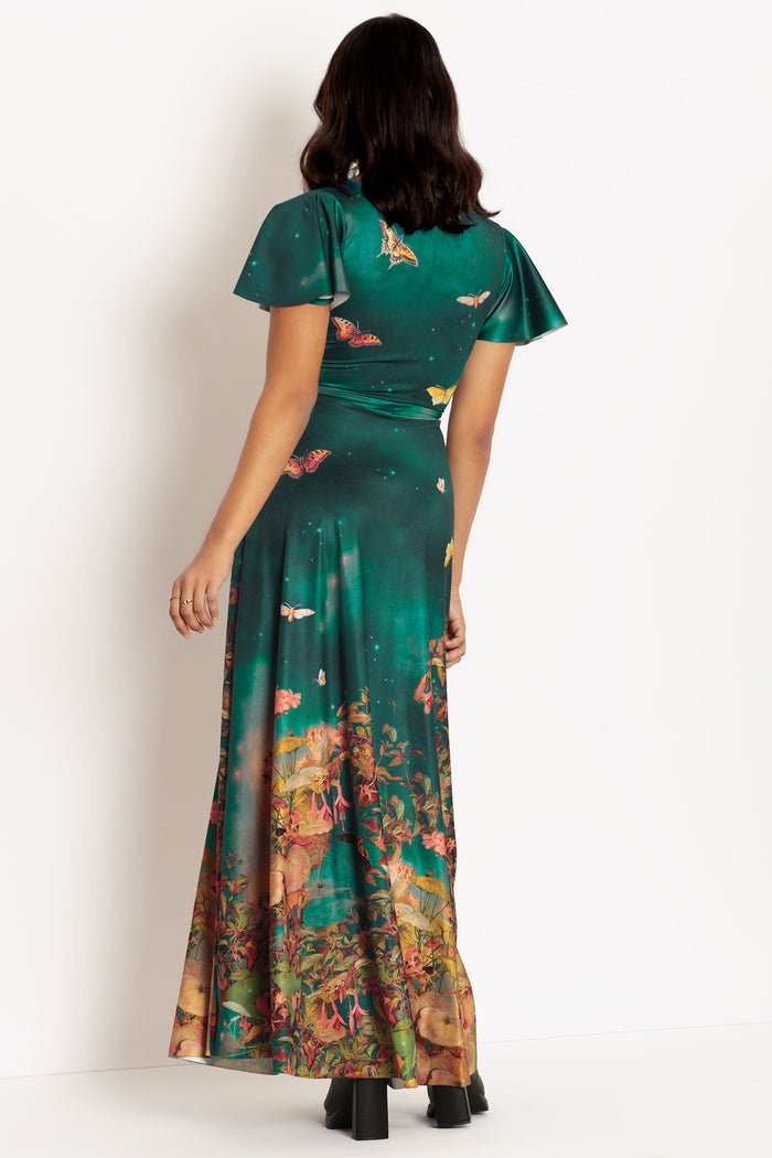 Fairy print maxi dress with flattering Rio fit, designed for weddings, festivals, holidays and effortless day-to-night styling.