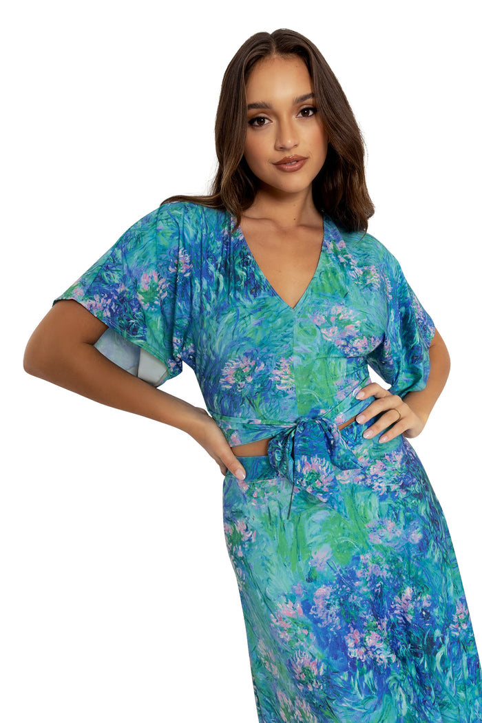 BlackMilk Clothing - Monet Agapanthus Kimono Sleeve Tie Top