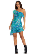 BlackMilk Clothing - Monet Agapanthus One Shoulder Flounce Dress