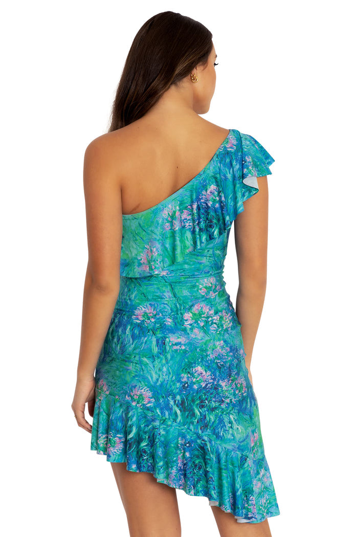 BlackMilk Clothing - Monet Agapanthus One Shoulder Flounce Dress