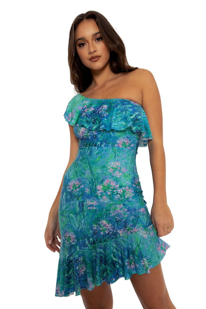 BlackMilk Clothing - Monet Agapanthus One Shoulder Flounce Dress