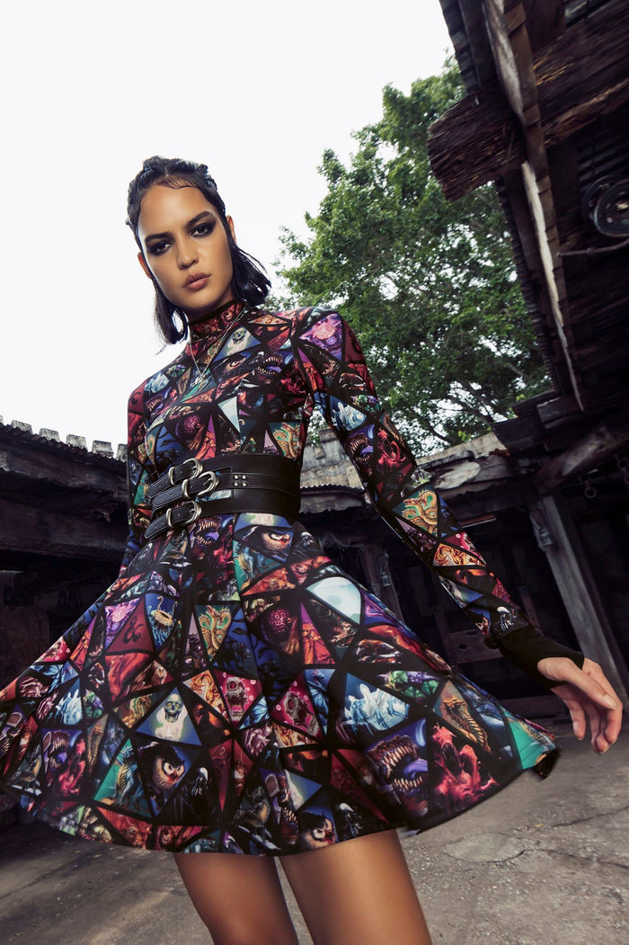 BlackMilk Clothing - Monster Manual Long Sleeve Evil Mini Skater Dress