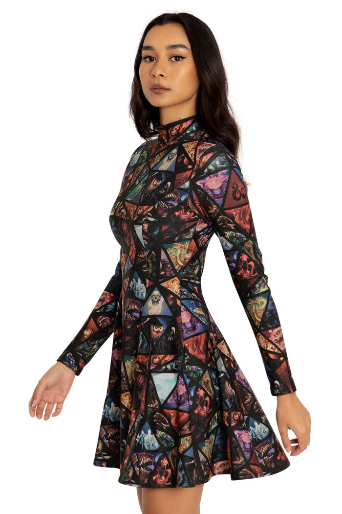 BlackMilk Clothing x Dungeons & Dragons - Monster Manual Long Sleeve Evil Mini Skater Dress - Dungeons & Dragons Merchandise - Collaboration apparel - Licenced.