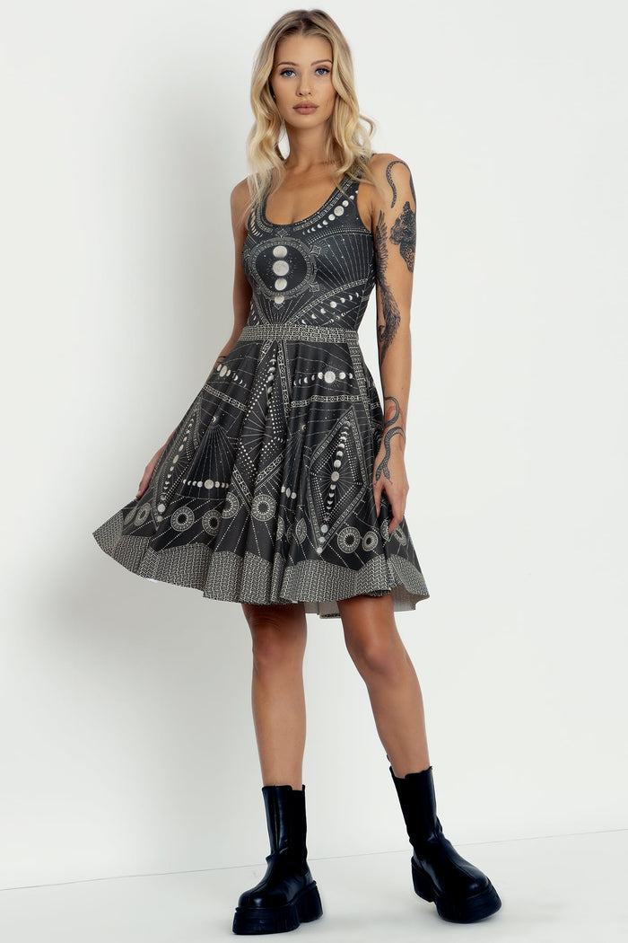 Moon Phases Longline Scoop Dress BlackMilk, black fit and flare dress with moon phase pattern, scoop neckline, sleeveless style and flared skirt
